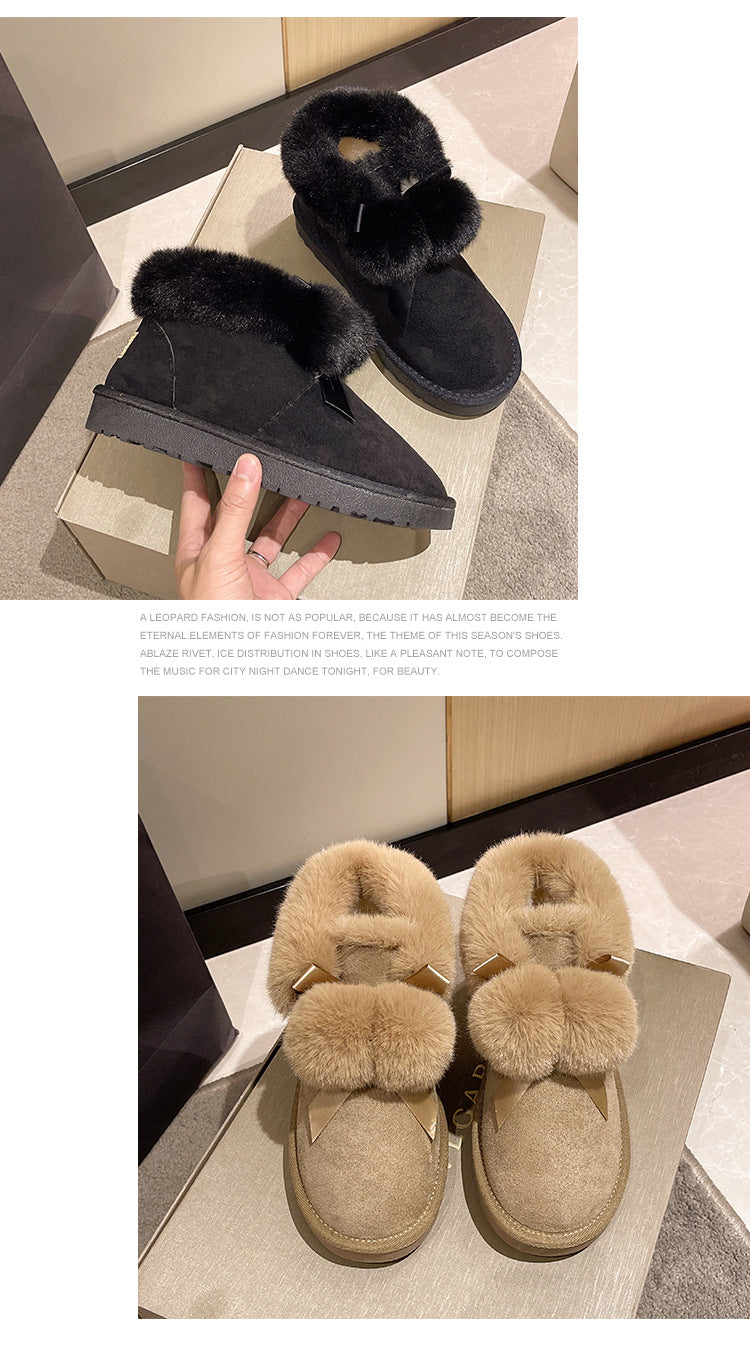 Stylish plush thermal hairball flat-bottomed snow boots