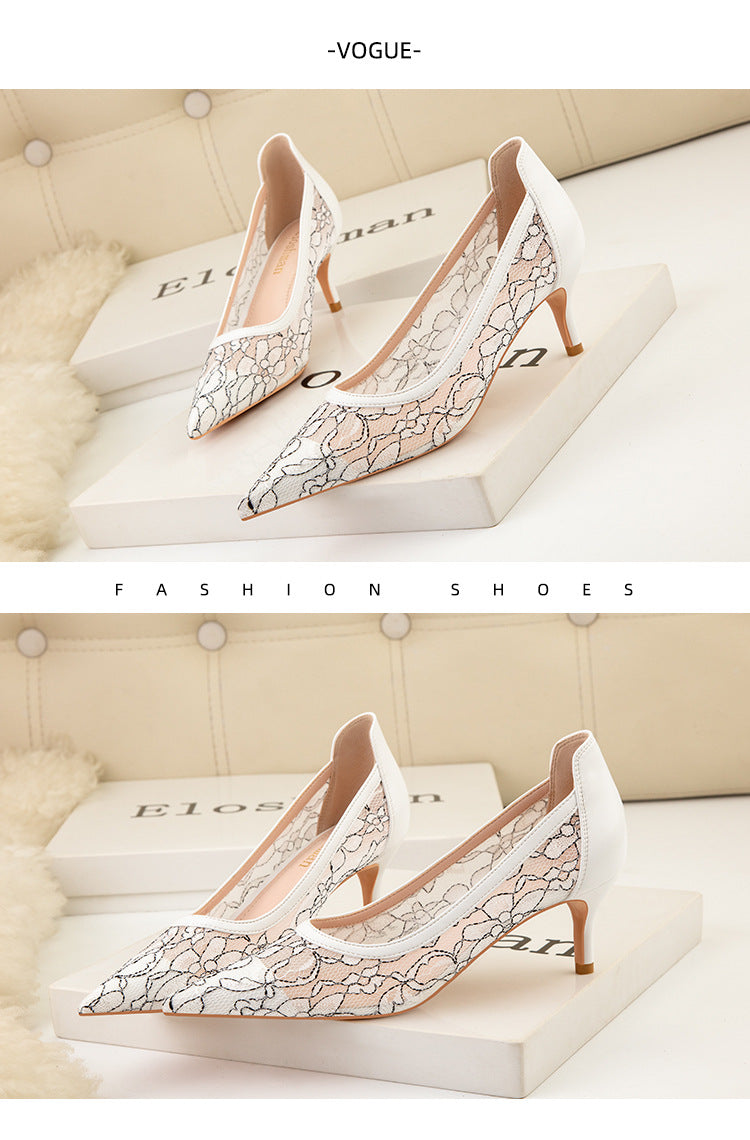 Sexy pointed hollow lace high heels