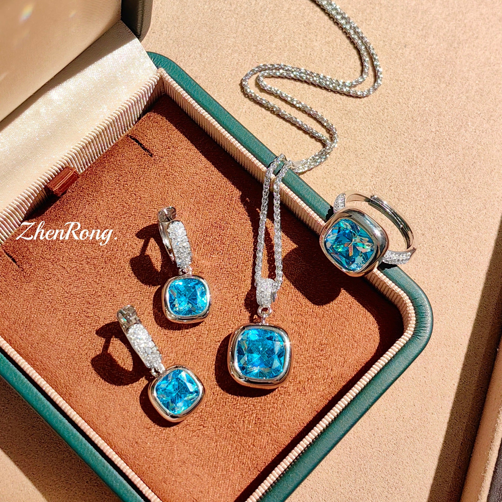 Ensemble de bijoux en forme de cube de sucre Paraïba, style léger et luxueux