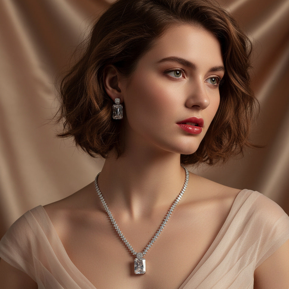 Luxury Emerald Green Rectangular Gemstone Necklace Set for Women – Matching Drop Earrings