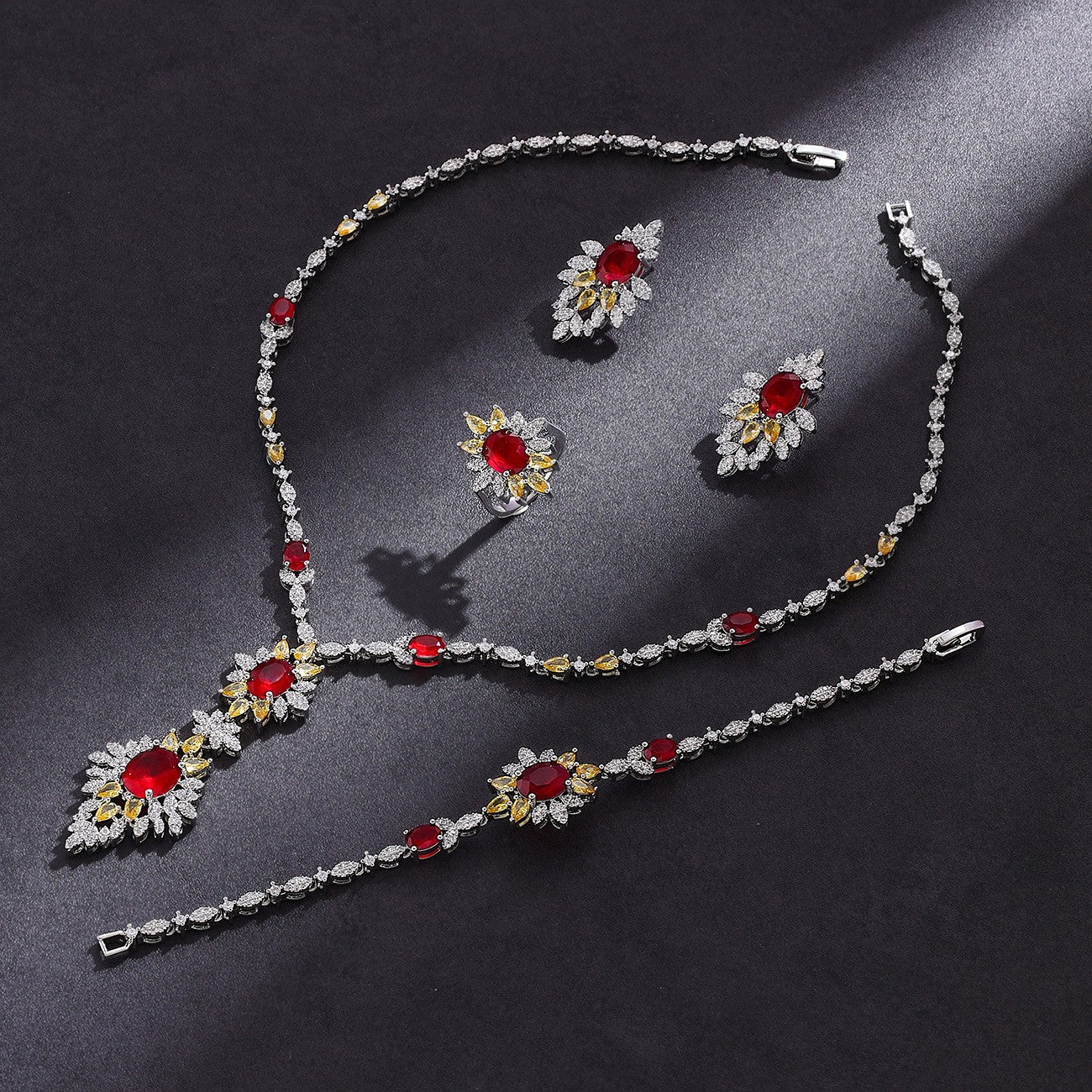 Luxury Floral Crystal Jewelry Set Orange Green Zircon Necklace Earrings Ring Silver Plated Statement Set for Women