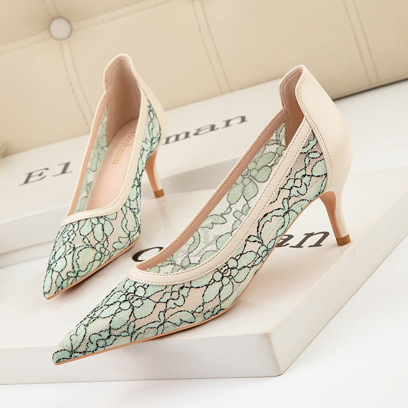 Sexy pointed hollow lace high heels