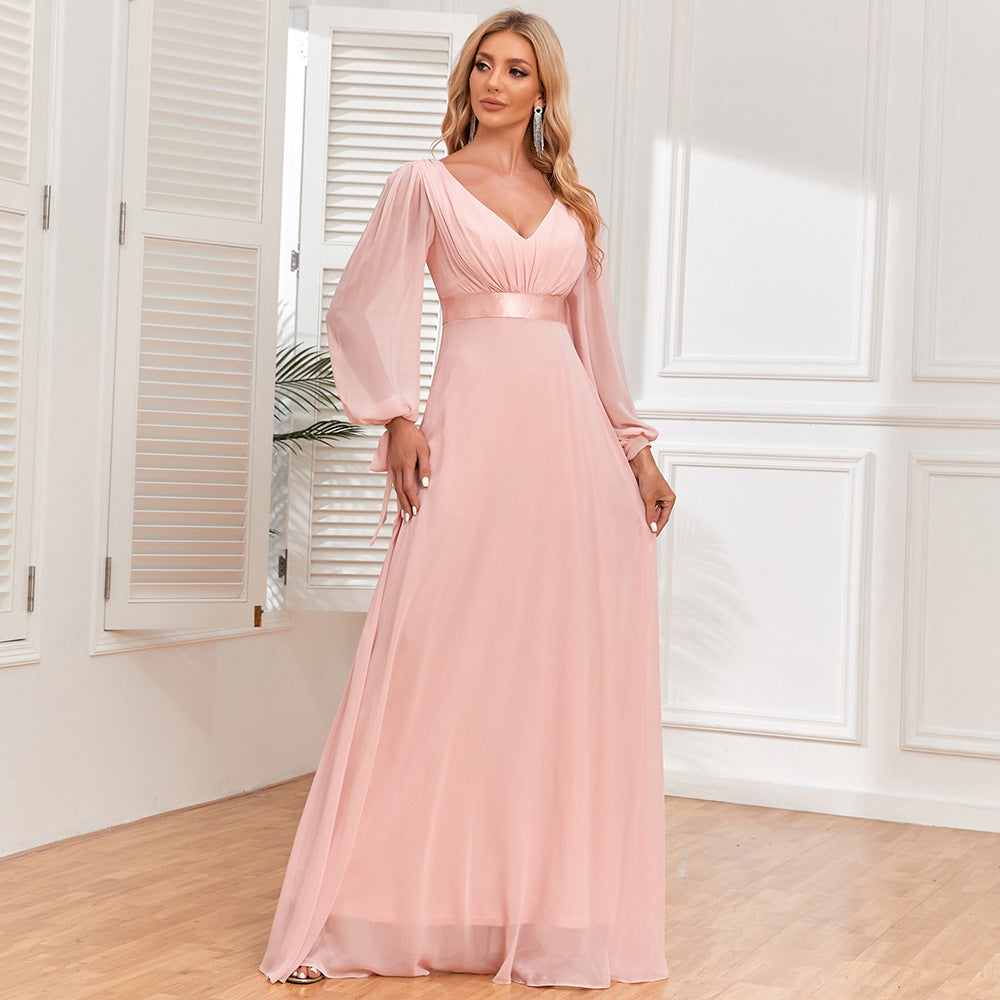 Chiffon long-sleeved double V-neck splicing dress