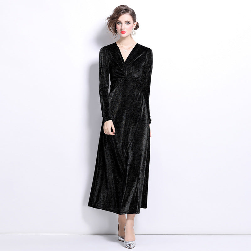 Niche velvet temperament waist long-sleeved dress