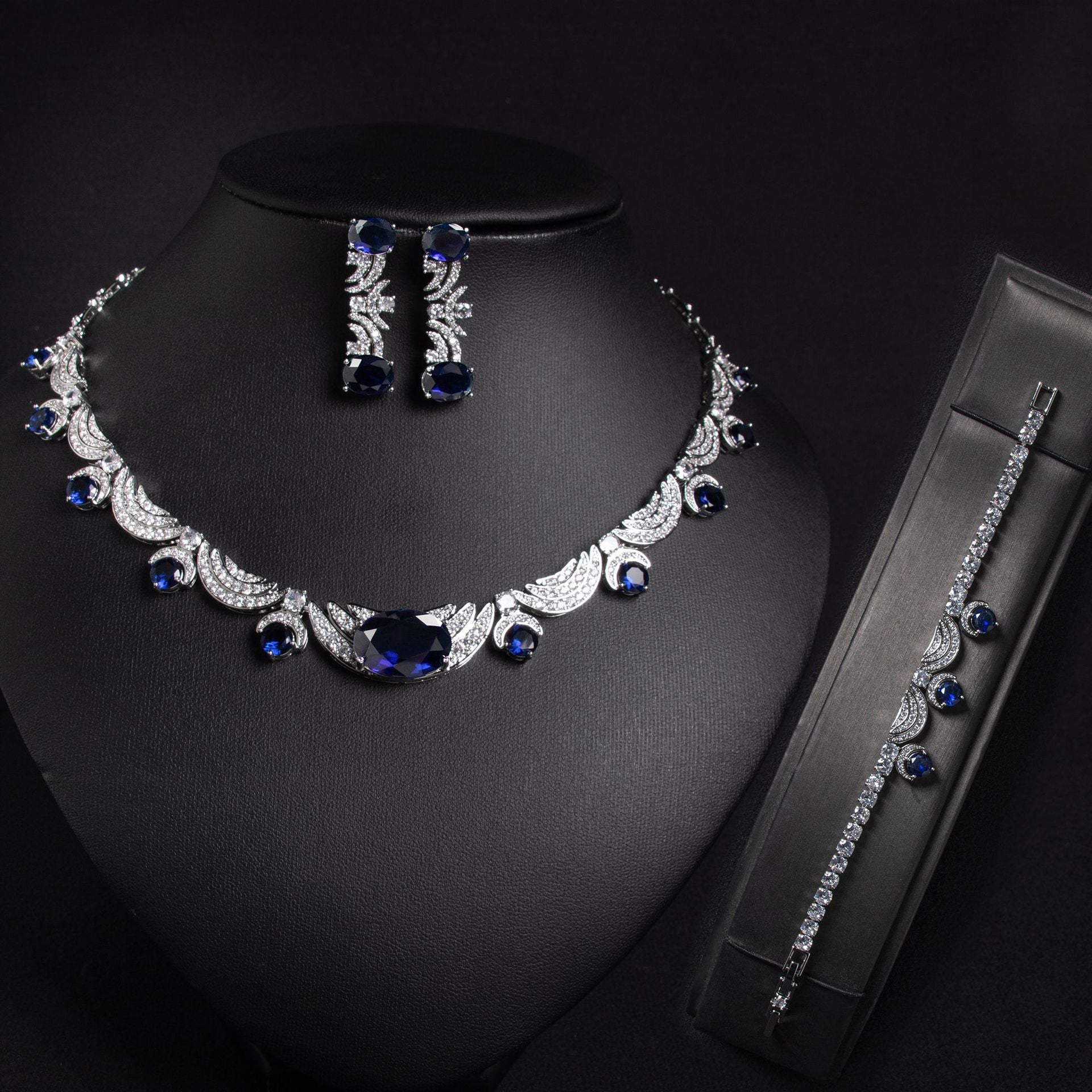 Luxury Ruby Red Crystal Necklace Earrings Bracelet Jewelry Set for Women