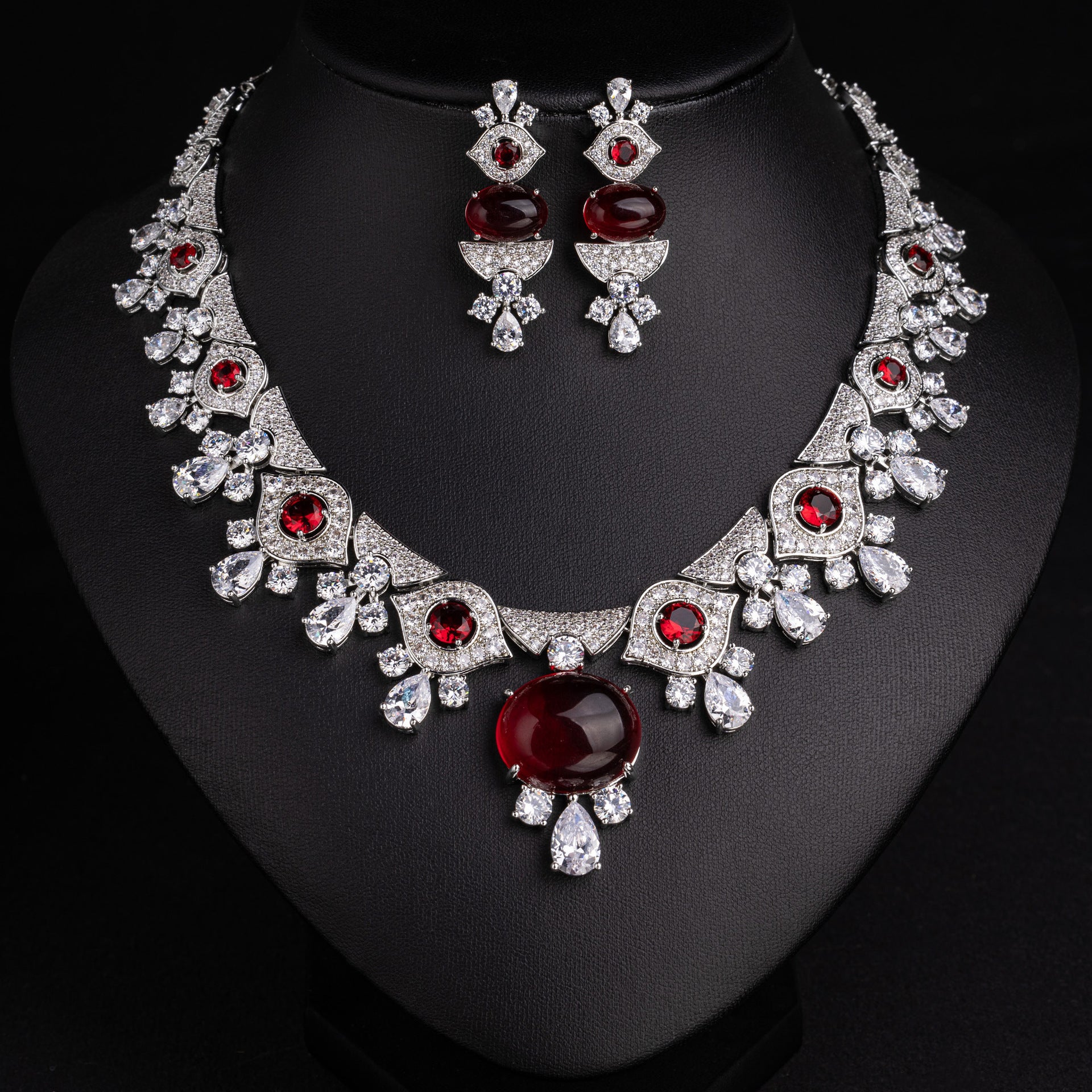 Luxury Deep Red Gemstone Necklace Set for Women – Royal Statement Jewelry with Matching Earrings