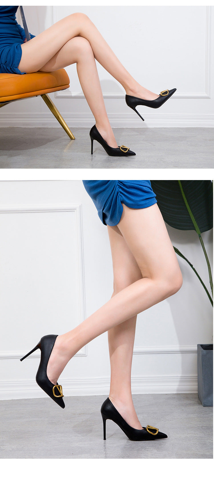 Fashion professional V-shaped square buckle pointed high heels