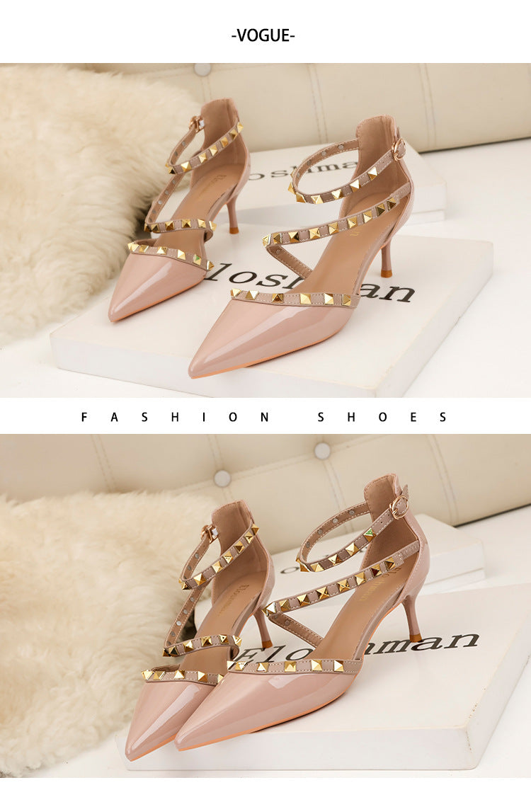 Simple pointed rivets hollow word with high heels sandals