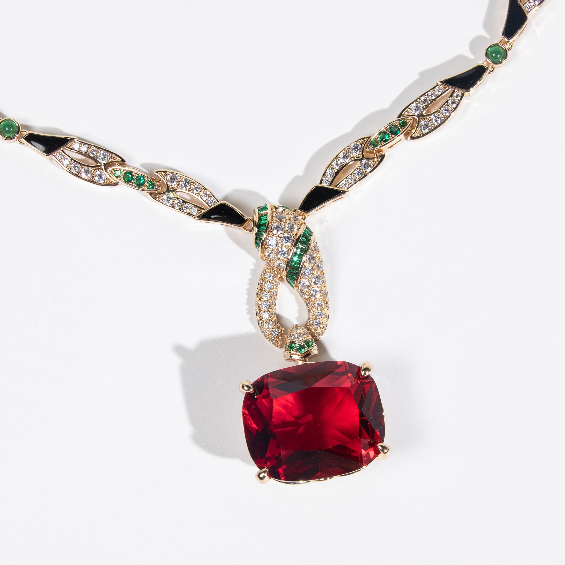 Luxury Ruby Red Crystal Pendant Necklace Earrings Set – Gold Statement Jewelry for Women