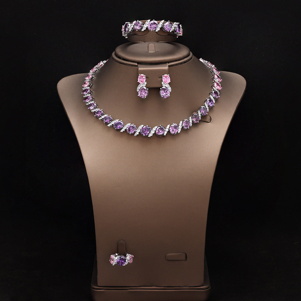 Luxury Purple Crystal Bridal Jewelry Set – Necklace Earrings Ring Statement Set
