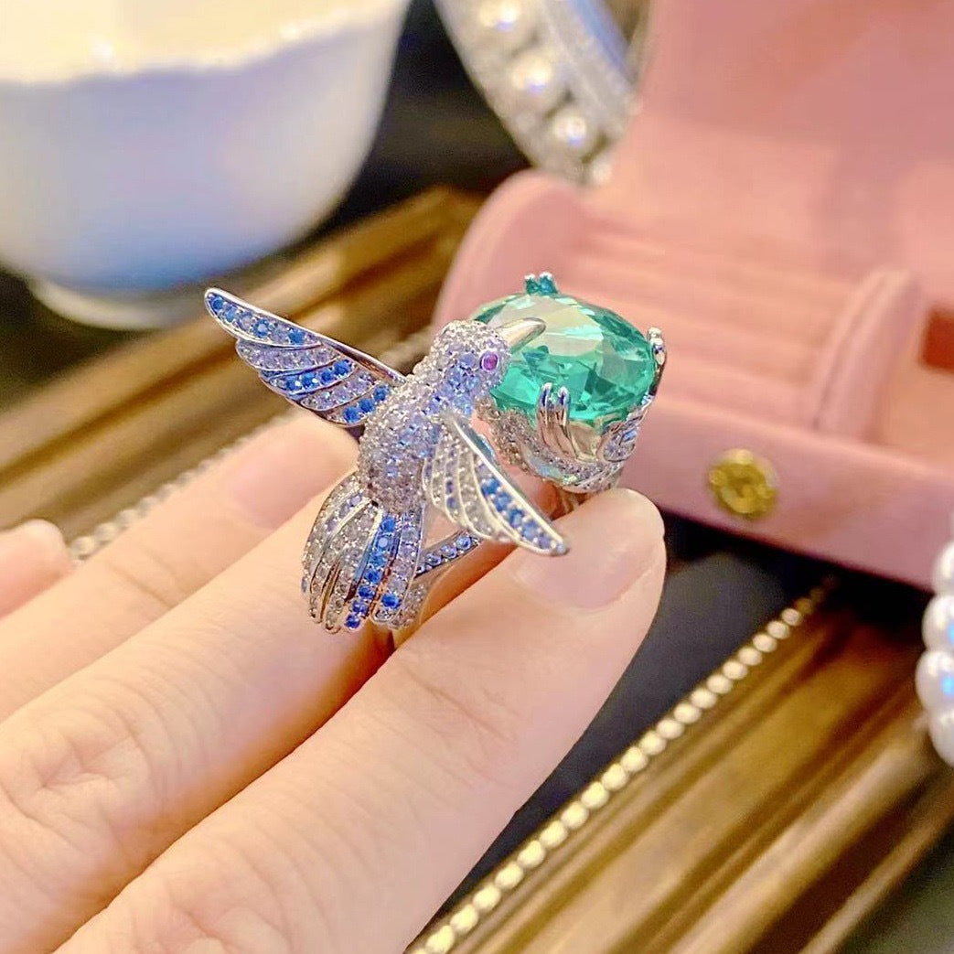 Emerald Green Crystal Hummingbird Ring for Women