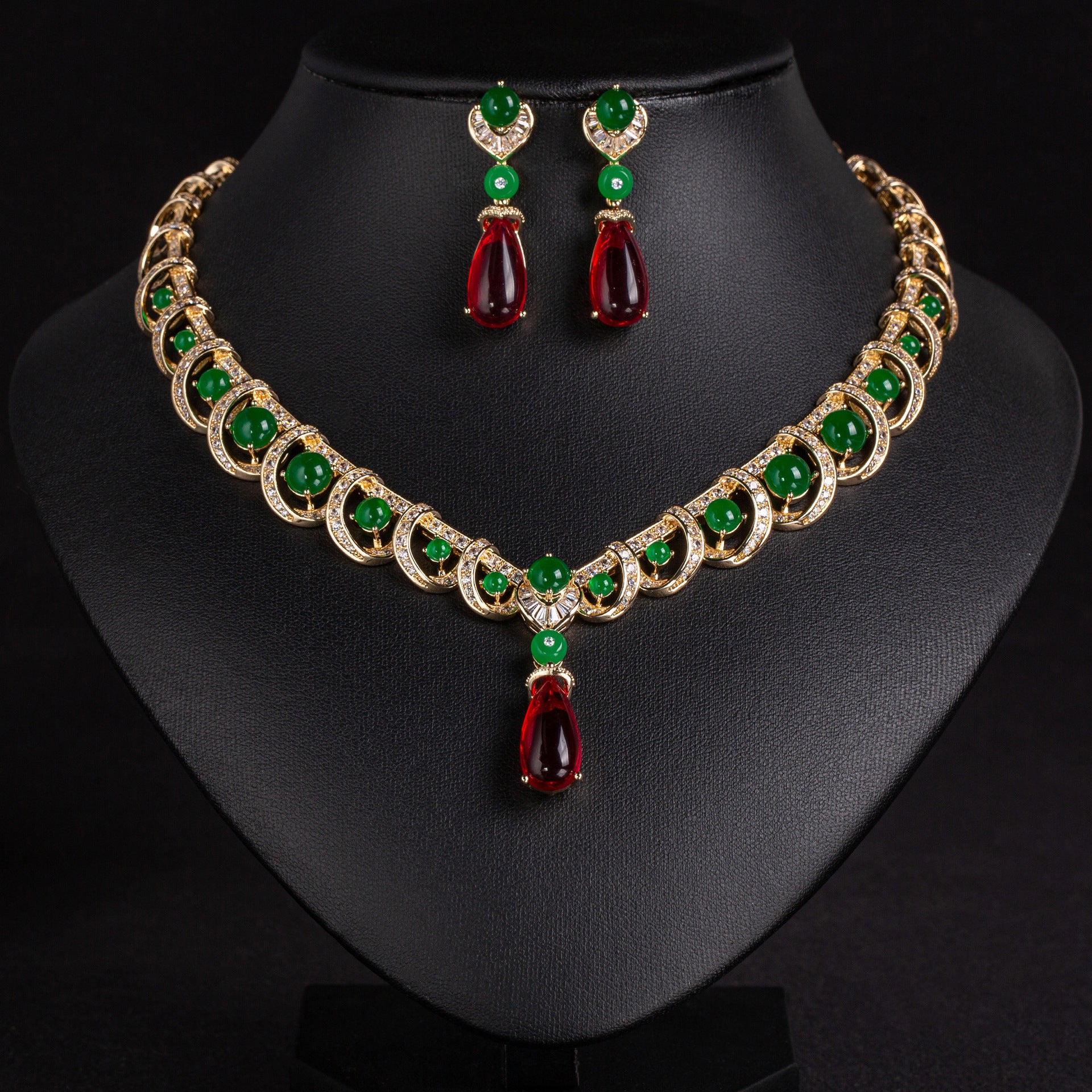 Luxury Emerald Green Ruby Red Jewelry Set – Necklace Earrings Statement Set