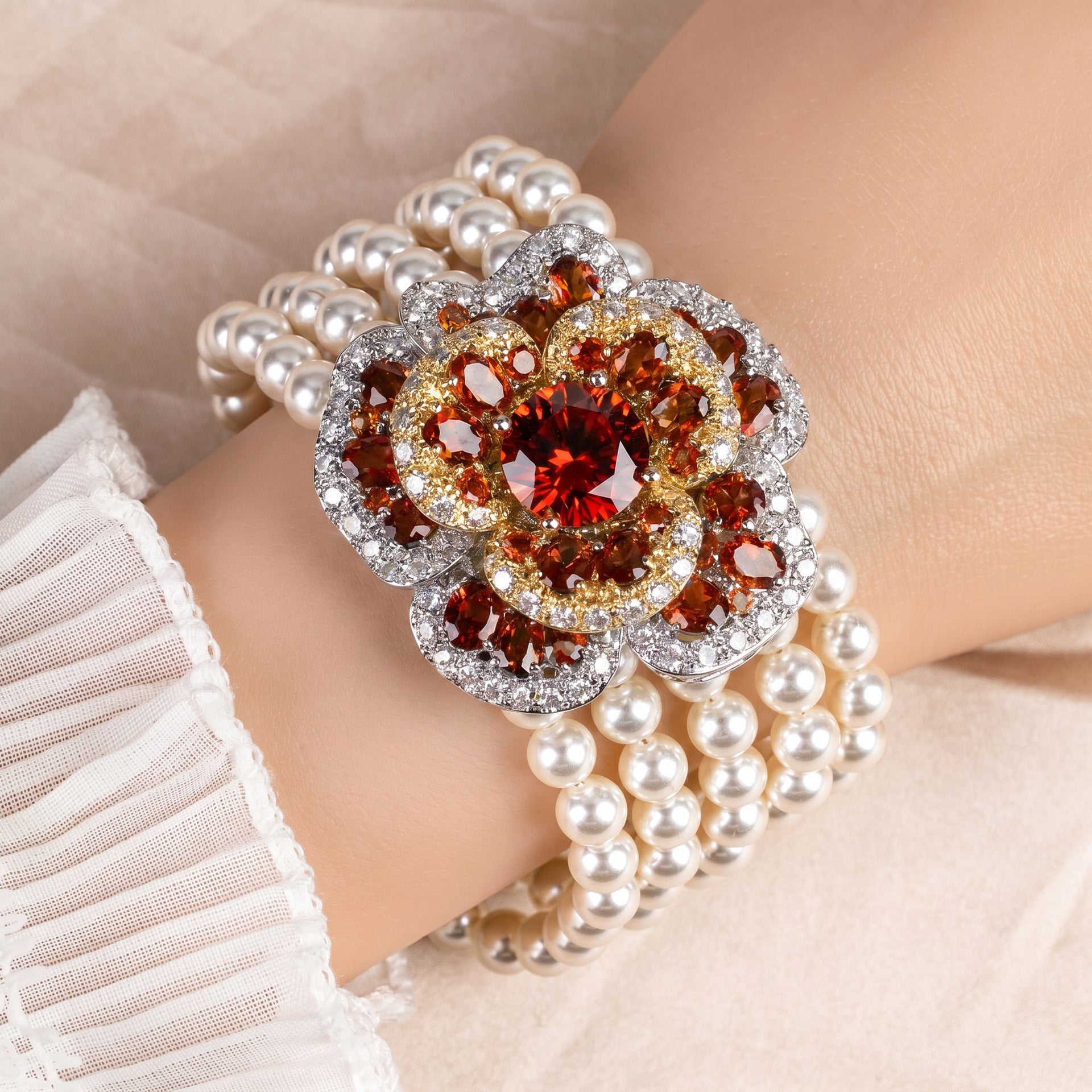 Luxury Red Orange Crystal Flower Pearl Bracelet for Women