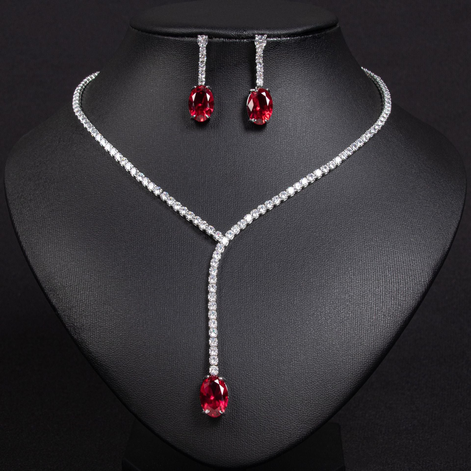 Elegant Red Crystal Teardrop Y Necklace and Earrings Set – Luxury Statement Jewelry Collection