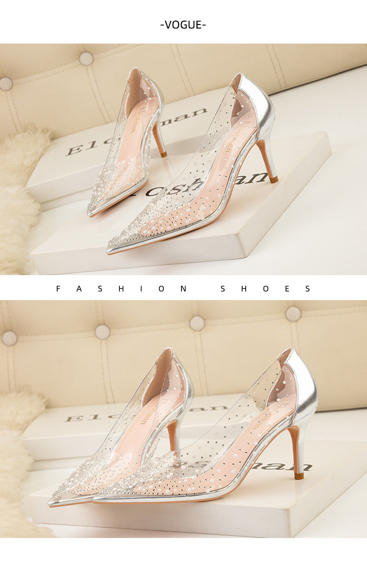 Transparent hollow pearl rhinestone sexy high heels