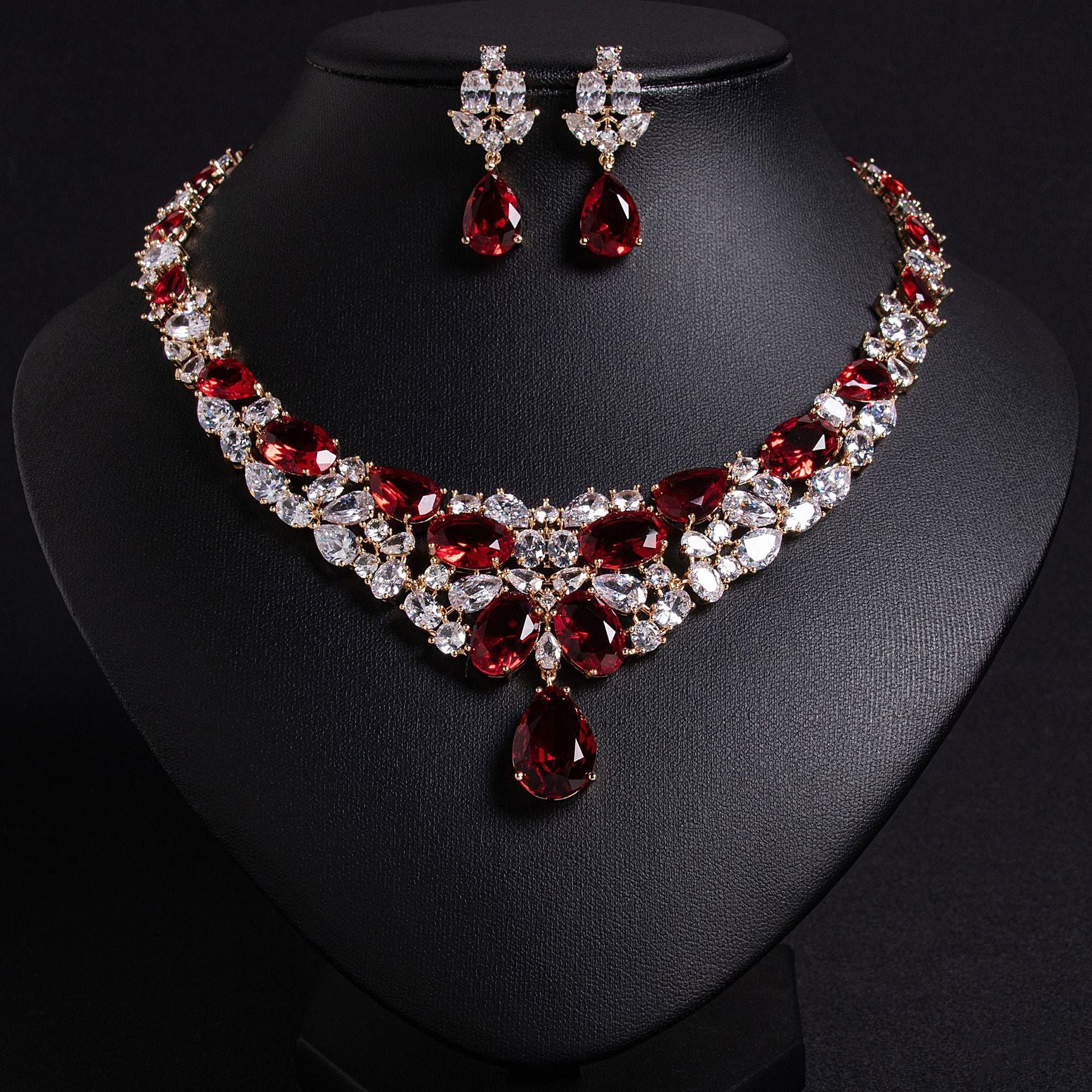 Luxury Ruby Red Gemstone Necklace Set for Women – Statement Jewelry with Matching Earrings