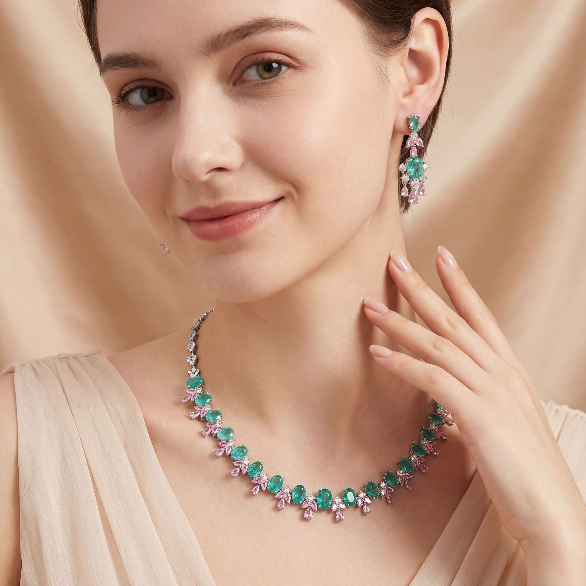 Luxury Aqua Blue & Pink Crystal Necklace Set for Women – Elegant Statement Jewelry