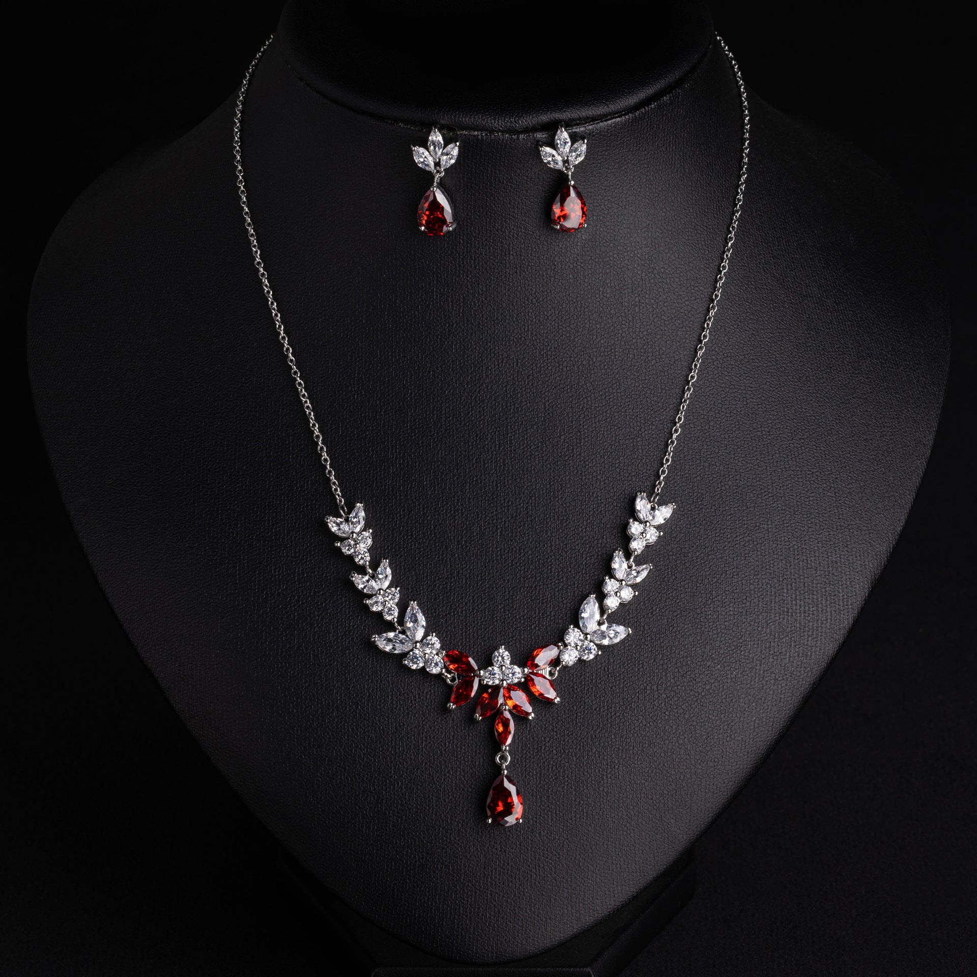Vintage Inspired Crystal Jewelry Set – Red Gemstone Necklace Earrings Collection