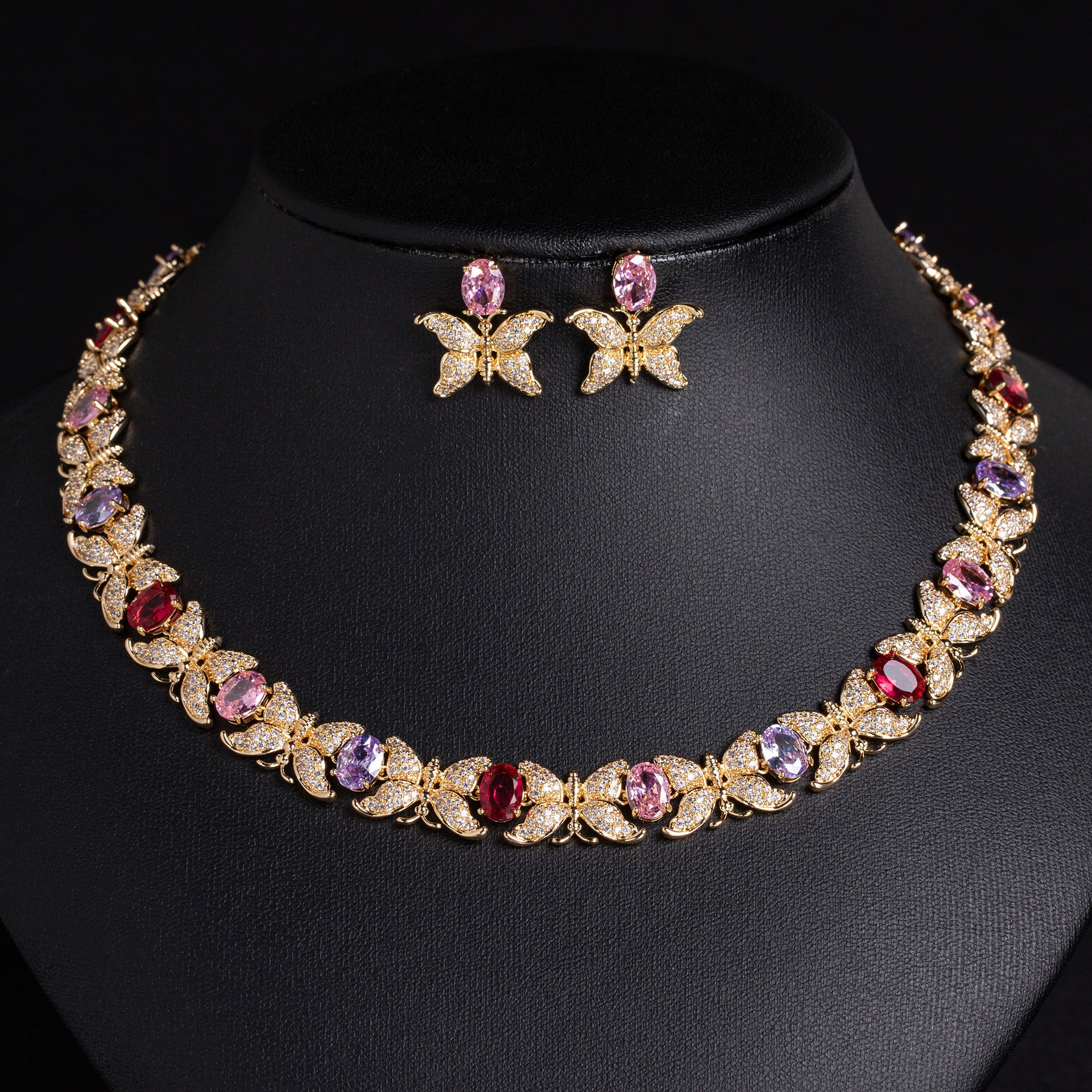 Luxury Butterfly Crystal Necklace Set with Multicolor Red Pink Purple Stones – Statement Jewelry for Women