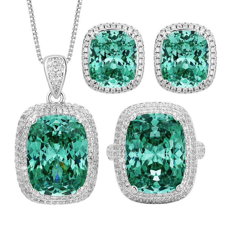 Parure de bijoux en cristal vert de luxe – Collier avec pendentif, bague et boucles d'oreilles pour femme