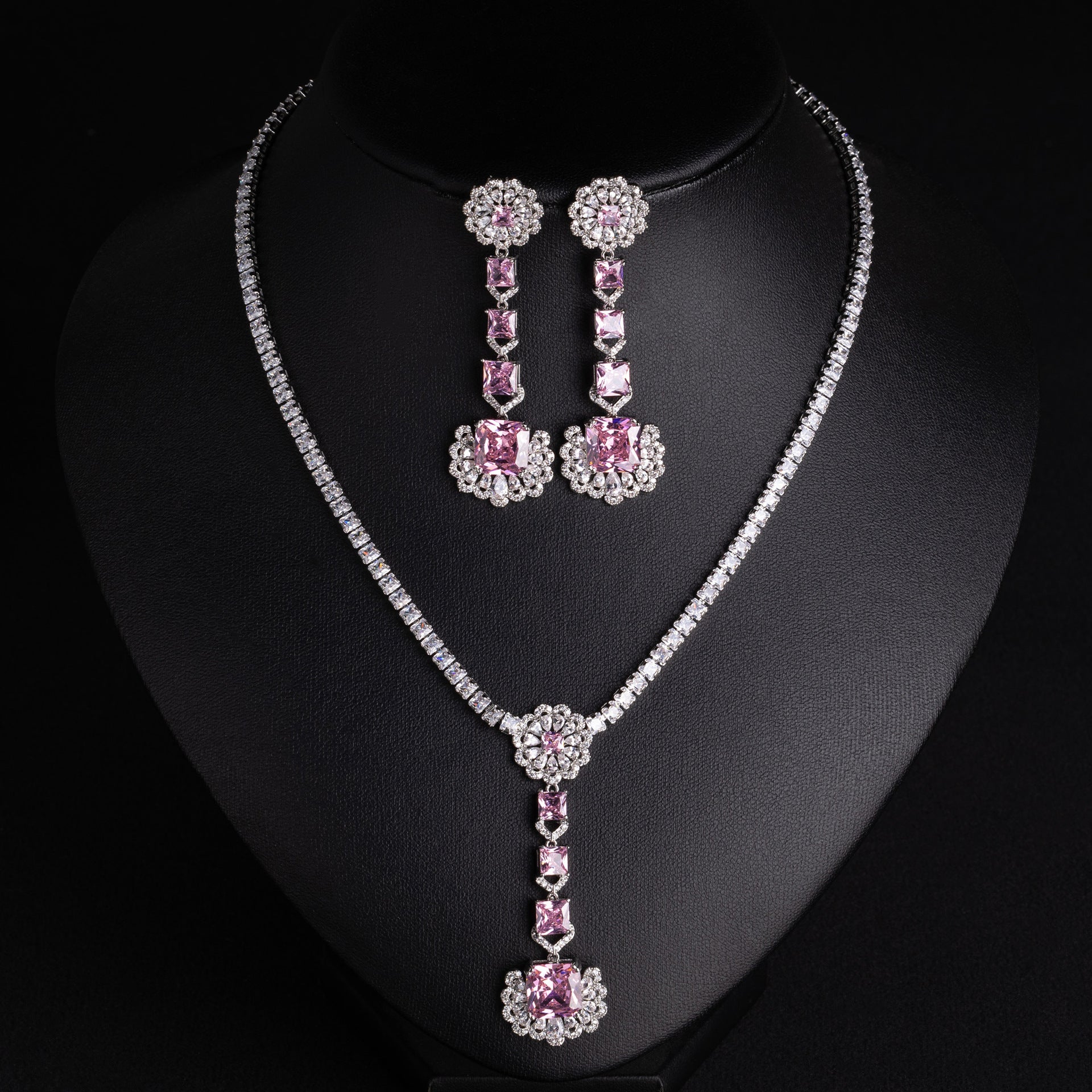 Elegant Emerald Crystal Jewelry Set – Silver Necklace Earrings for Women