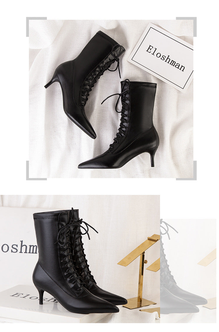 Fashion high-heeled strappy pointed elastic short boots