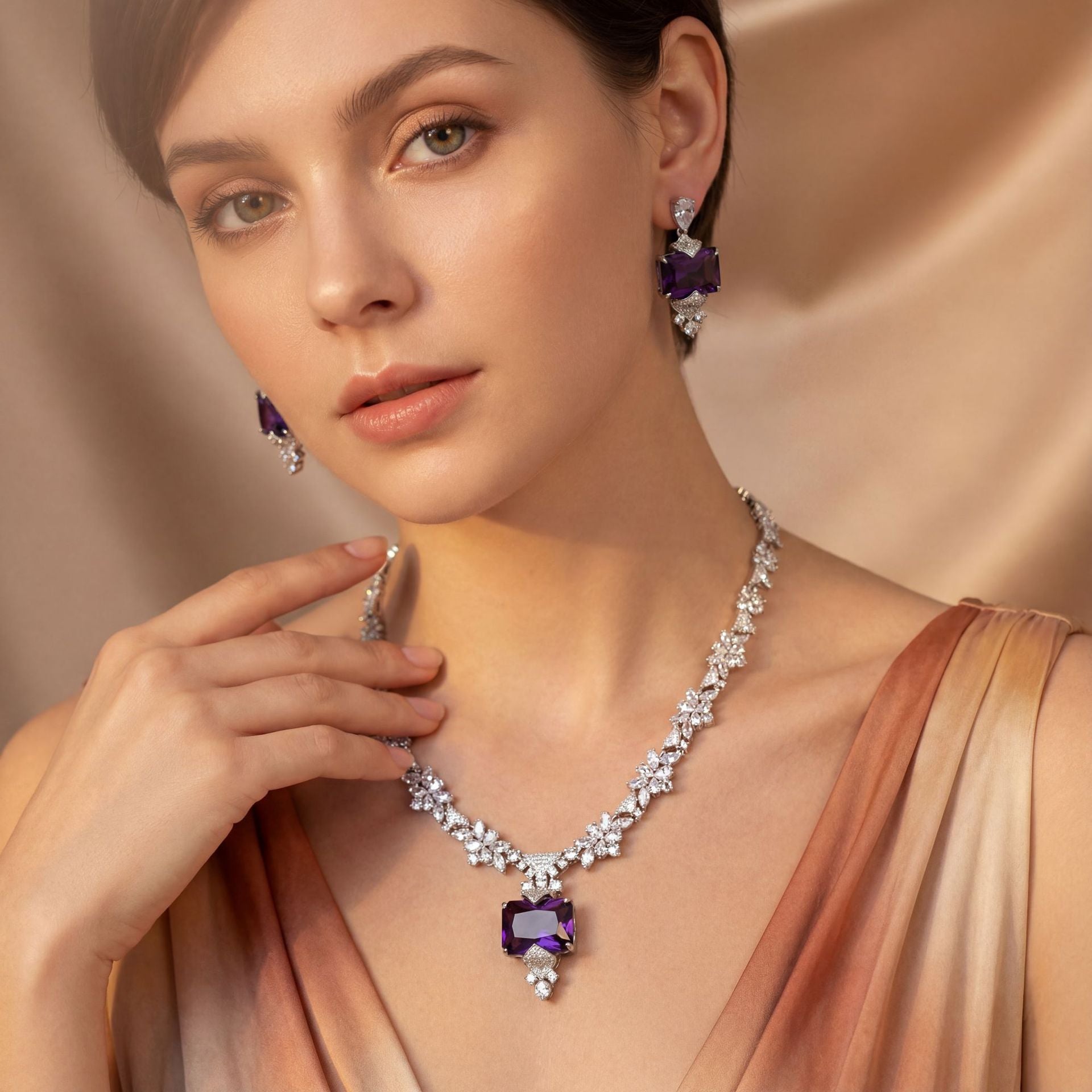 Luxury Sapphire Blue Gemstone Necklace Set for Women – Floral Statement Jewelry with Matching Earrings