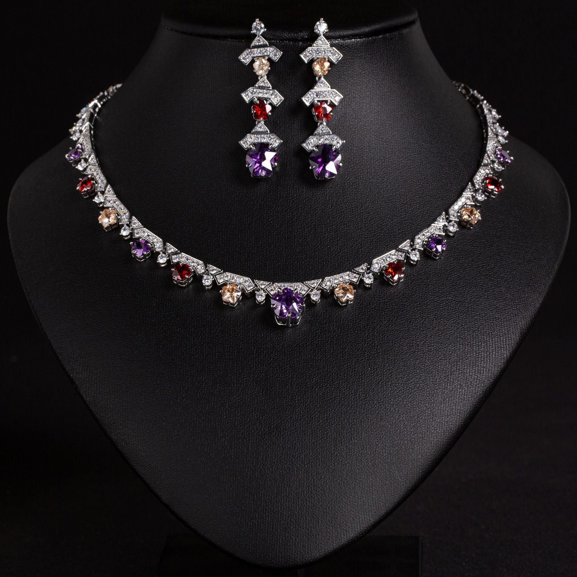 Luxury Purple Crystal Necklace Earrings Set – Silver Statement Jewelry