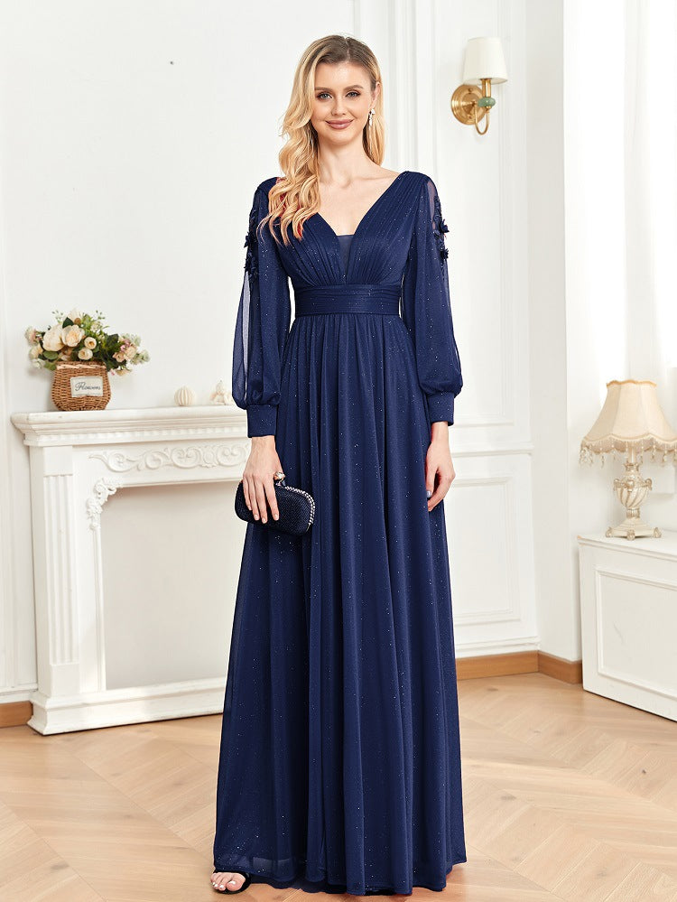 Sexy V-neck temperament long-sleeved dress