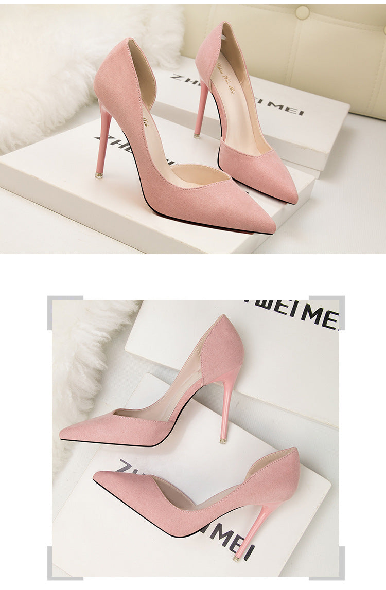 Simple suede hollow pointed high heels