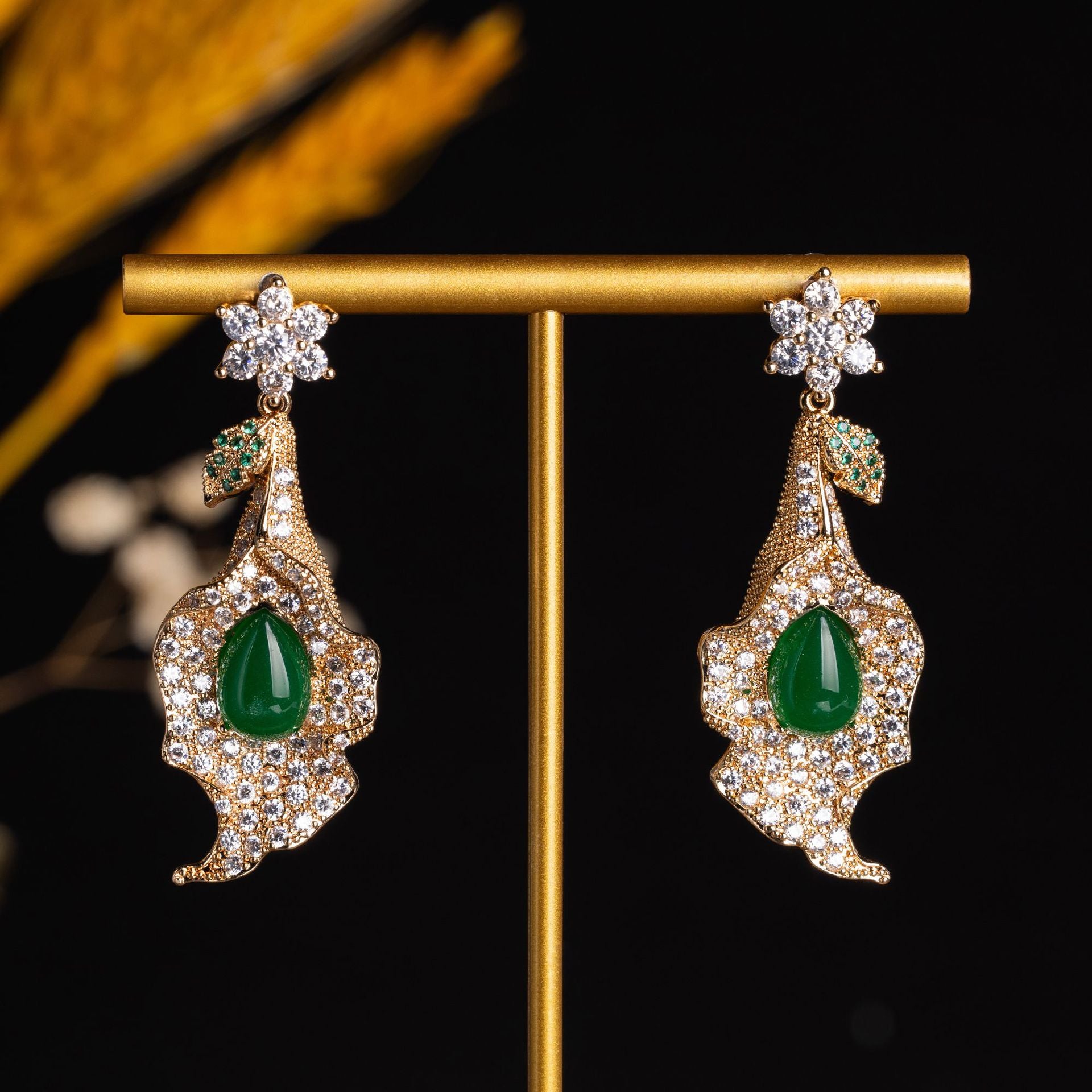 Luxury Floral Earrings with Yellow Teardrop Crystal – Glamorous Evening Jewelry