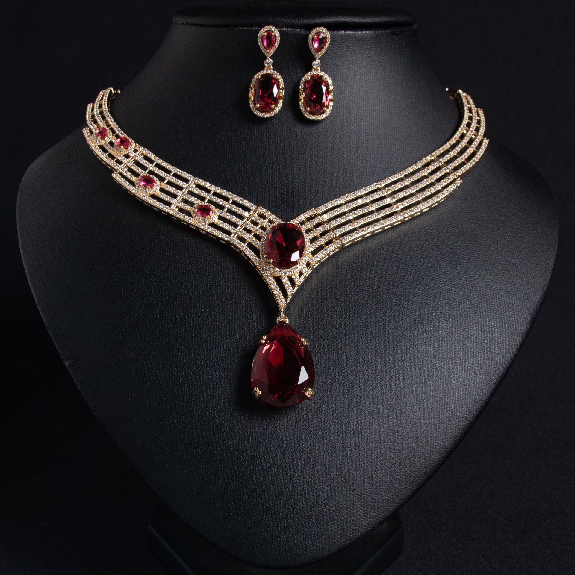 Luxury Deep Red Gemstone Statement Necklace Set for Women – Gold Jewelry with Matching Earrings