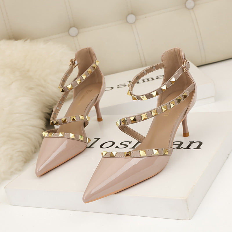 Simple pointed rivets hollow word with high heels sandals