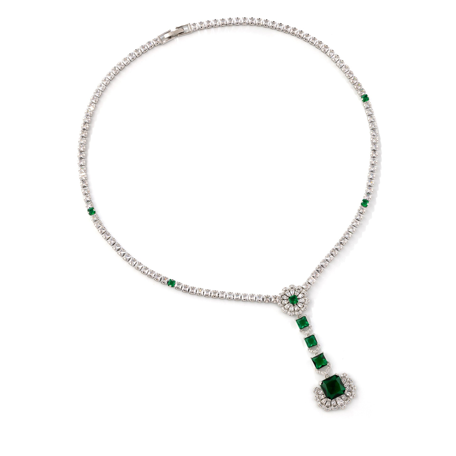 Elegant Emerald Crystal Jewelry Set – Silver Necklace Earrings for Women