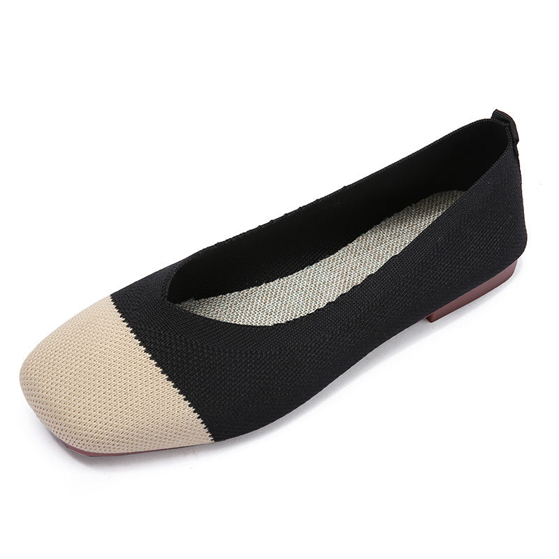 Fashion color matching woven square head flat bottom loafers