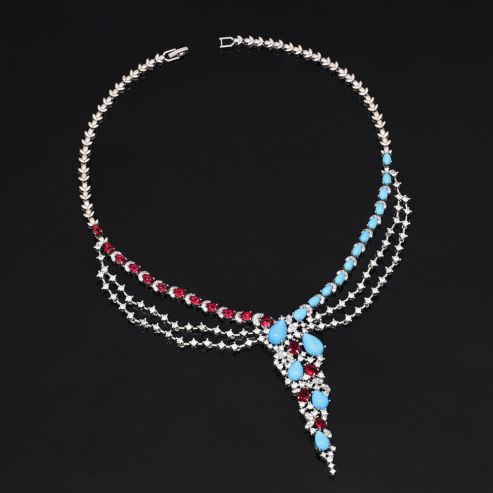 Luxury Blue Red Crystal Jewelry Set Multilayer Necklace Earrings Ring Bracelet Bridal Statement Set for Women
