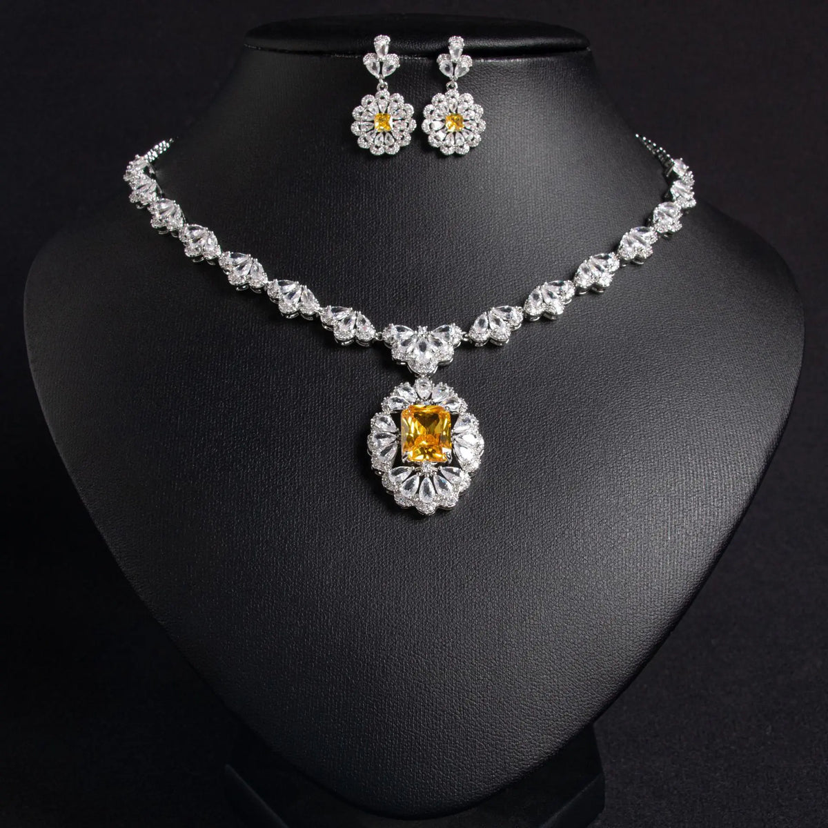 Luxury Yellow Gemstone Floral Necklace Set for Women – Marquise Crystal Jewelry with Matching Earrings