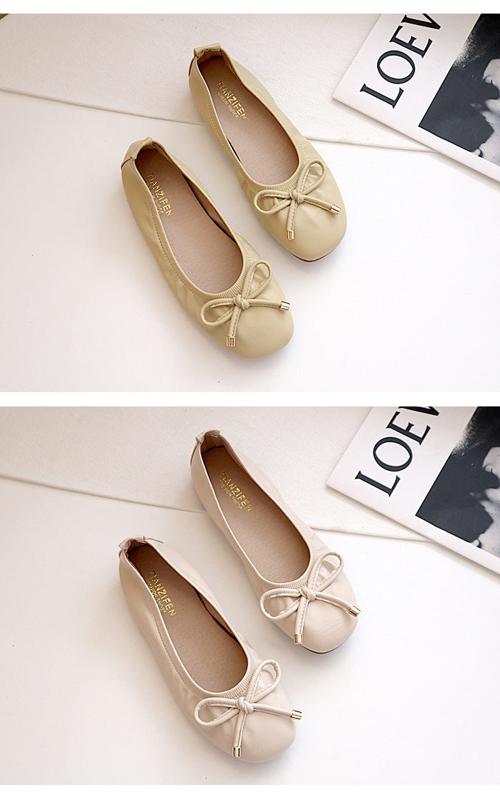 Casual square head soft-soled bow loafers