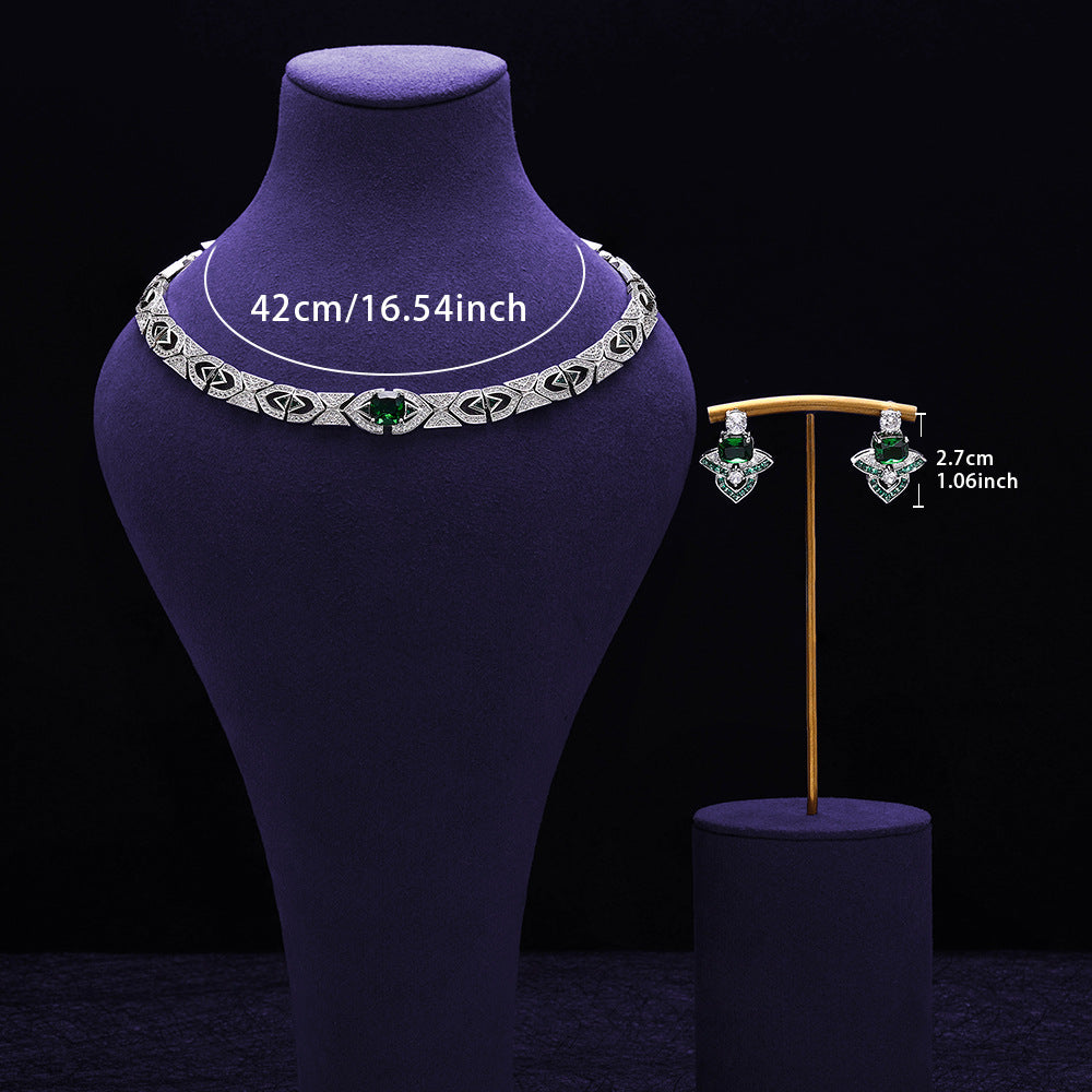 Luxury Green Crystal Geometric Necklace Set Silver Tone Statement Jewelry Set Earrings for Women