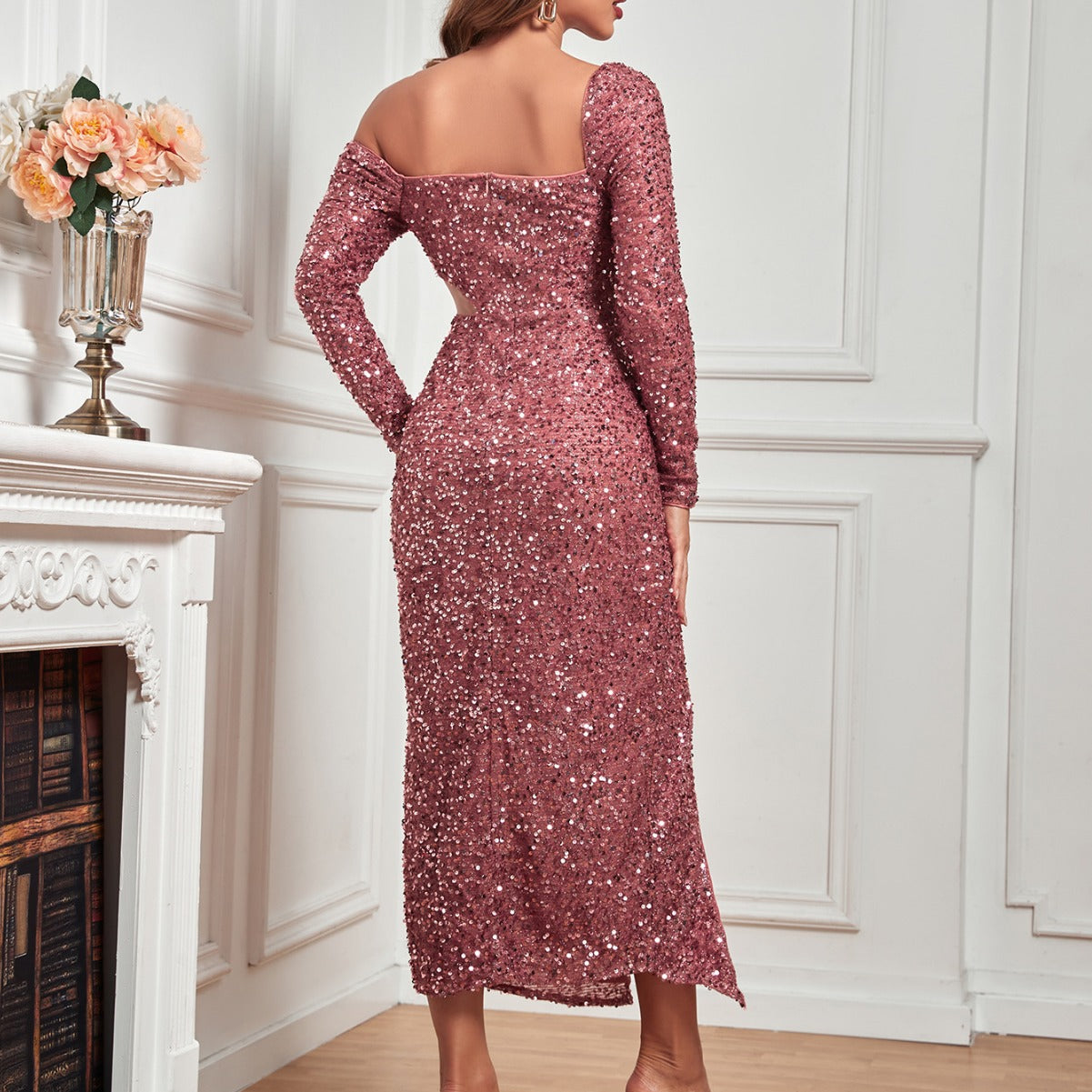 Pink one shoulder sexy slim fit sequin dress