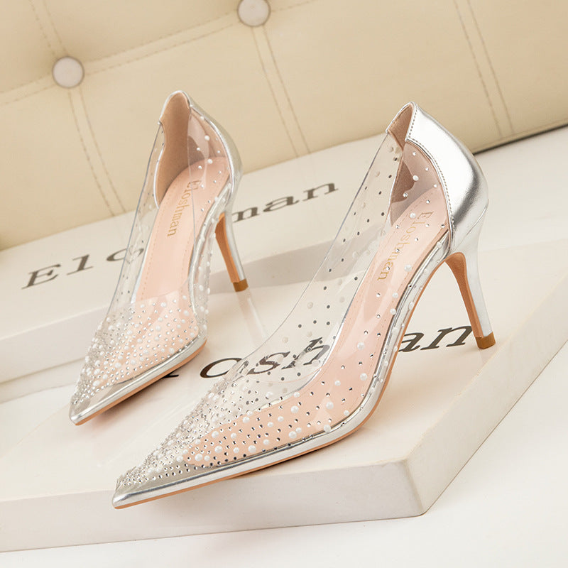 Transparent hollow pearl rhinestone sexy high heels