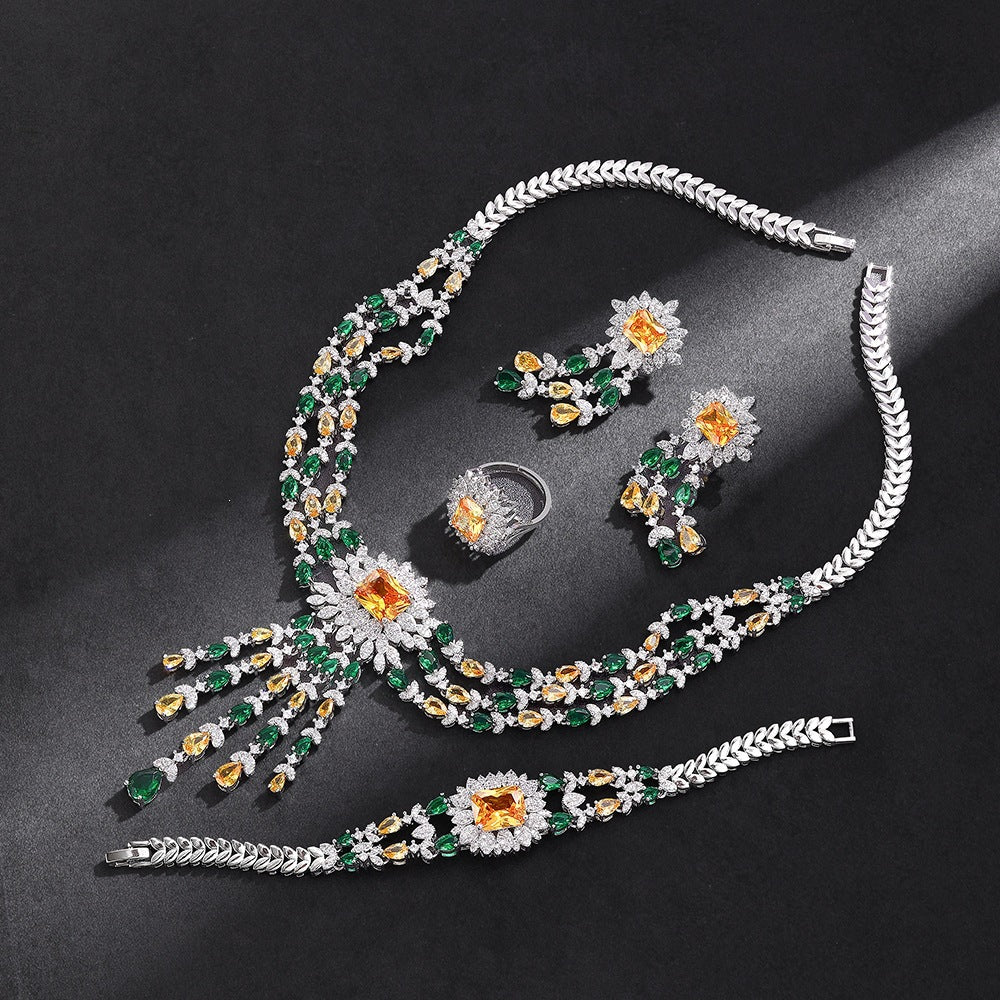 Luxury Green Crystal Necklace Earrings Bracelet Ring Jewelry Set