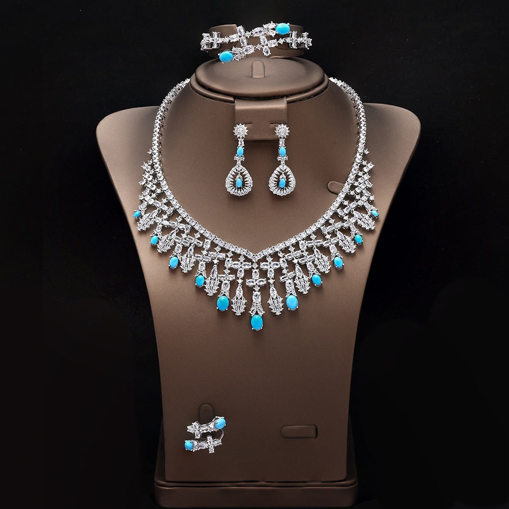 Luxury Silver Crystal Turquoise Blue Jewelry Set Necklace Earrings Ring Bracelet Bridal Wedding Statement Set for Women