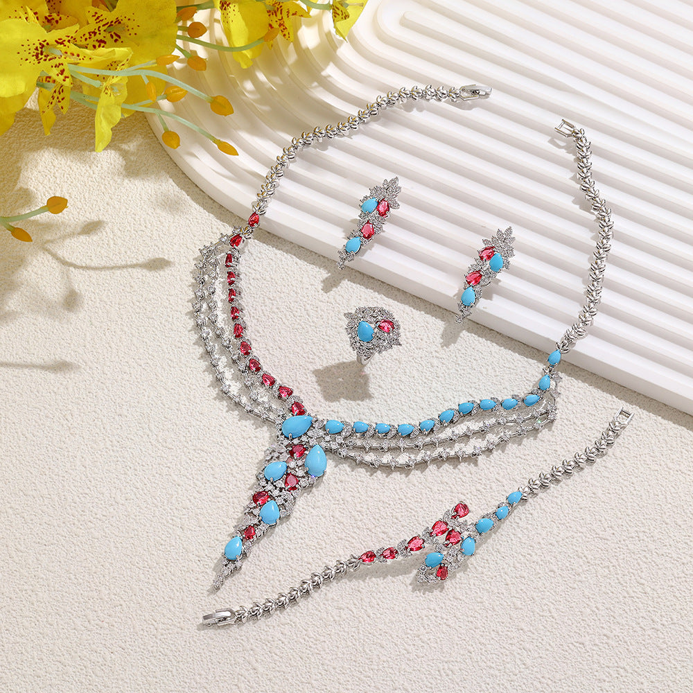 Luxury Blue Red Crystal Jewelry Set Multilayer Necklace Earrings Ring Bracelet Bridal Statement Set for Women