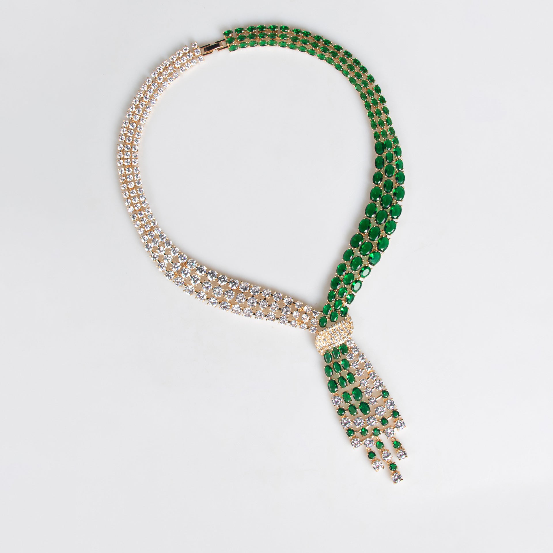 Luxury Emerald Green Crystal Tassel Necklace and Earrings Jewelry Set for Women