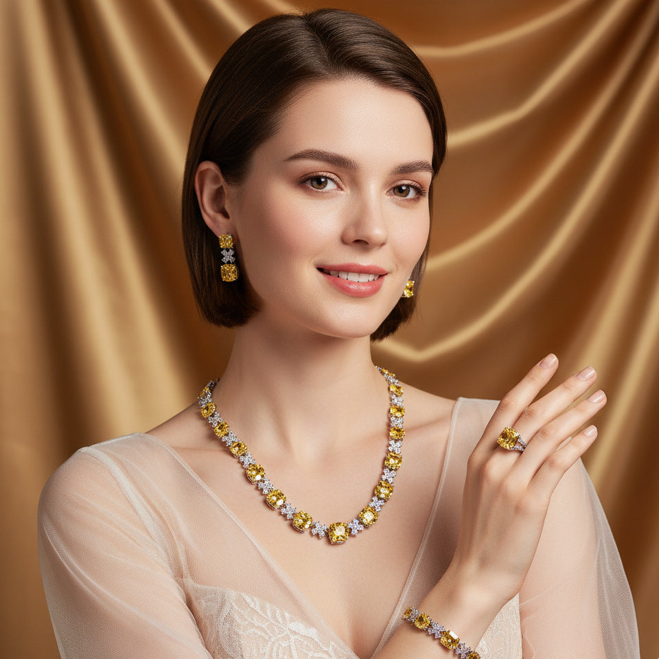 Luxury Golden Yellow Gemstone Jewelry Set for Women – Necklace Bracelet Earrings and Ring