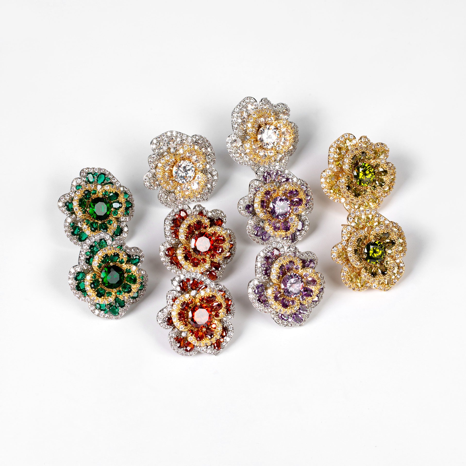 uxury Red Orange Crystal Flower Stud Earrings