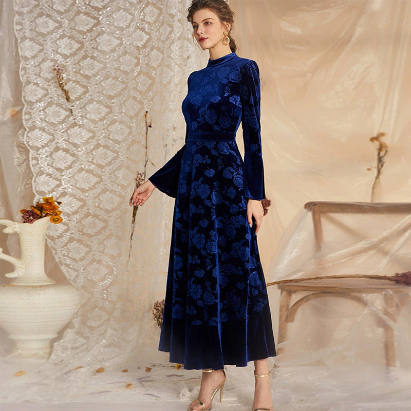 Fashionable velvet printed long sleeved dress