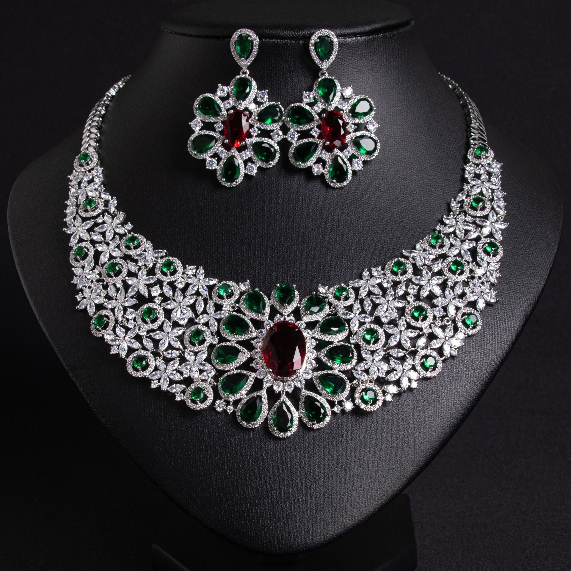 Luxury Red Gemstone Flower Necklace and Earrings Set – Elegant Statement Jewelry