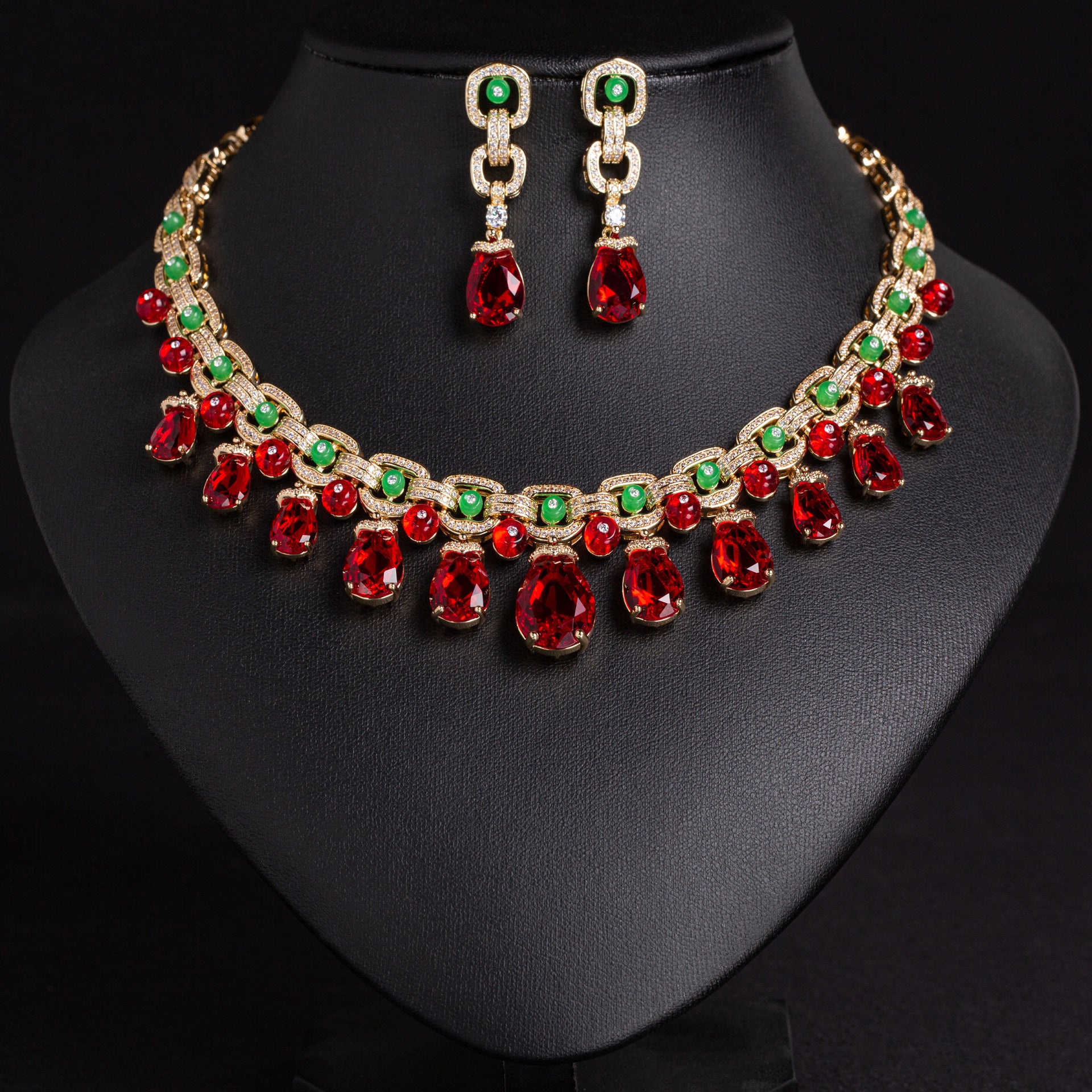 Luxury Multicolor Crystal Necklace Set with Pink Green Red Stones – Statement Jewelry for Women